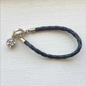 Black Braided Leather Charm Bracelet with Crystal Accent